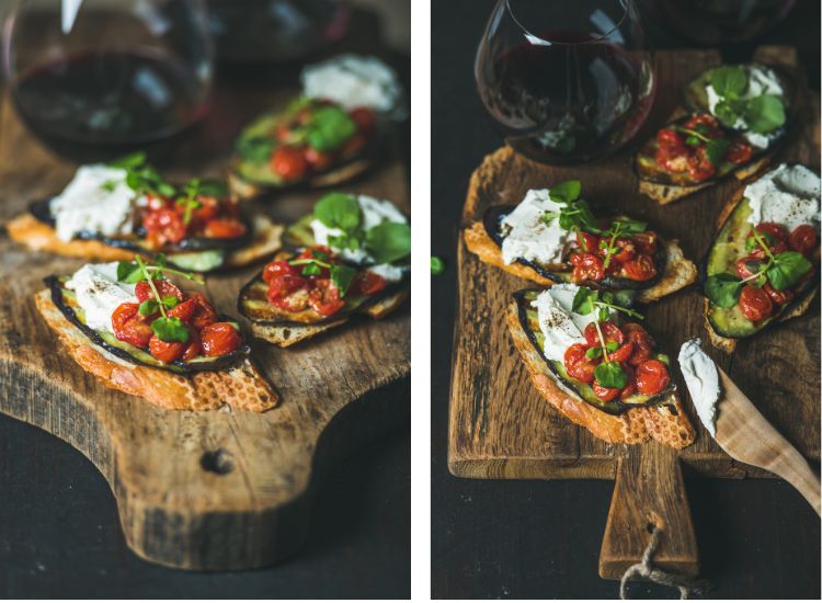Bruschetta aux légumes grillés, fromage frais et roquette